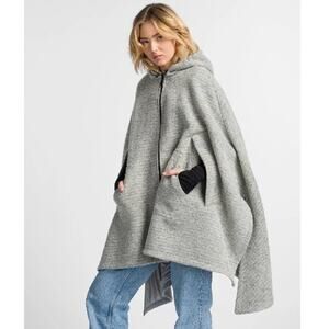 AAKASHA Cape Poncho Jacket Coat OneSz Hoodie Wool Grey-Heather Pocket Zip Lined